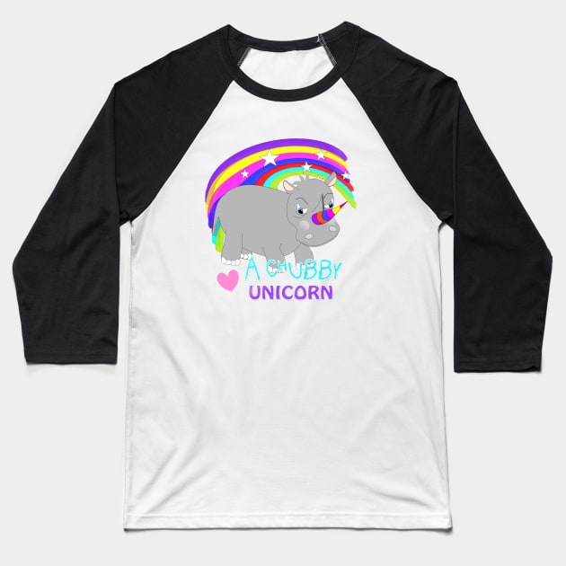 Love A Chubby Unicorn Cute Whimsy Rainbow Rhino Cartoon Baseball T-Shirt by Flissitations